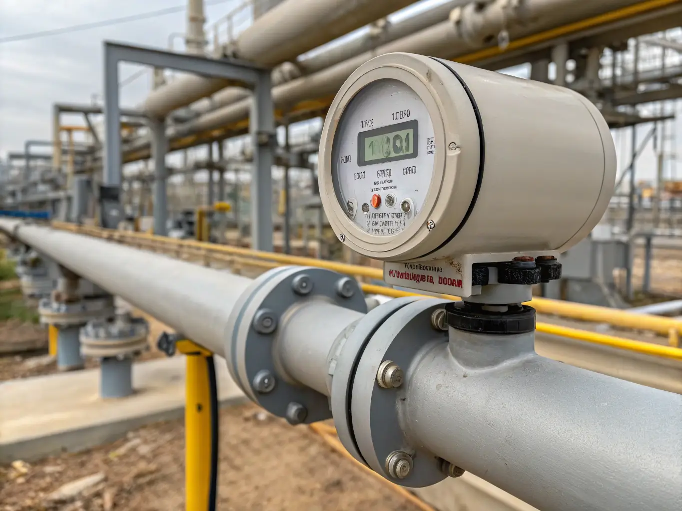 An image showing an ultrasonic gas meter with digital display installed on a pipeline, emphasizing its sleek design.